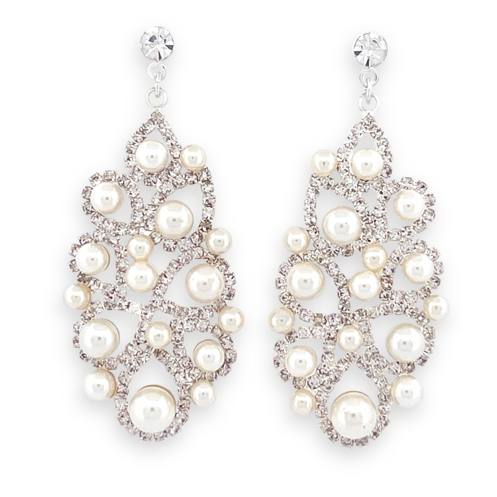 Simulated Pearl and Crystal Fancy Scroll Bridal Earrings, Wedding Formal Jewelry